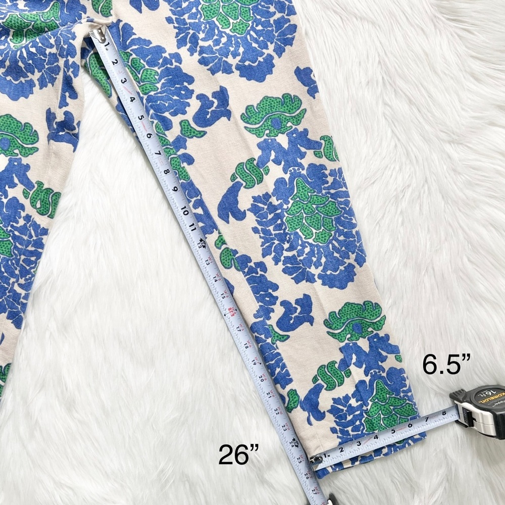SOLD-Boden Blue & Green Damask Printed Cream Cropped Linen Pants - Picture 8 of 9